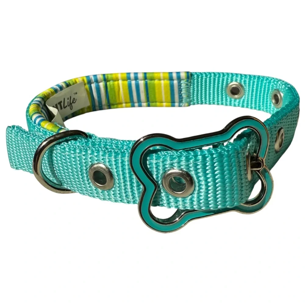NWOT Padded Adjustable Small Teal Blue Green Dog Collar Bone Shape Enamel Buckle